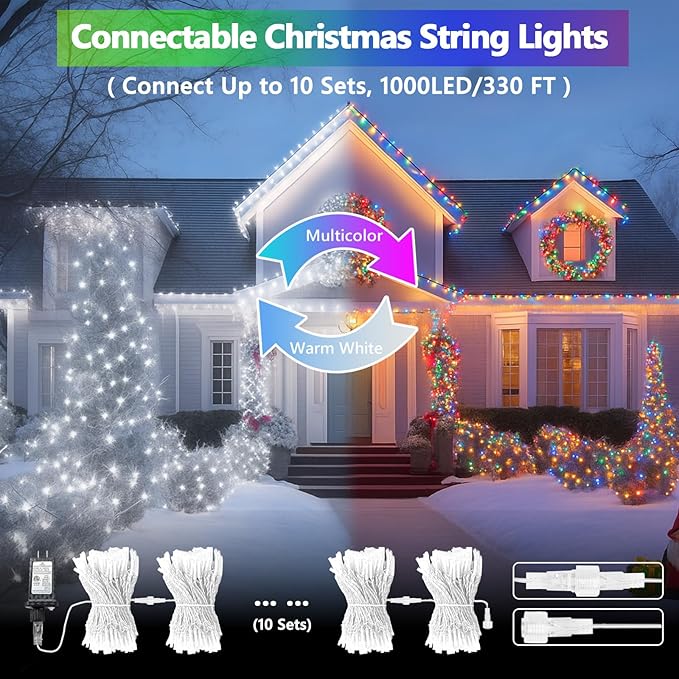 Cool White to Multicolor Color Changing 100 LED 33FT Connectable Christmas String Lights for Outdoor Indoor, 11 Modes Christmas Tree Clear Wire Fairy Waterproof Lights with Memory & Remote & Timer
