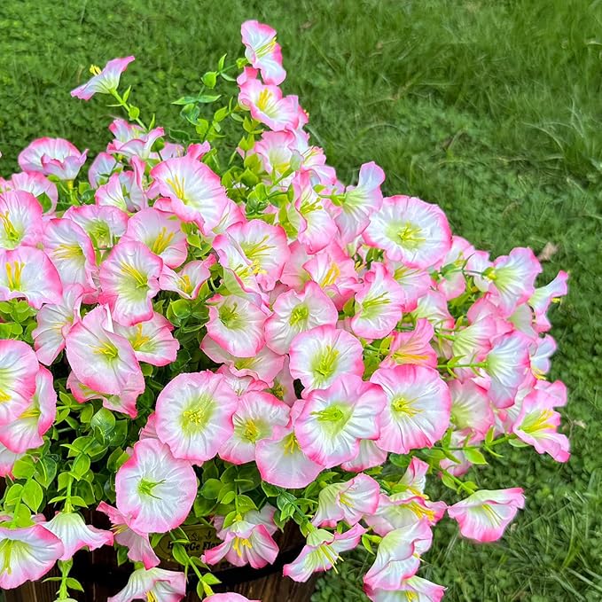 10 Bundles Artificial Flowers for Outdoor,UV Resistant Fake Petunia Flowers,Faux Plants for Outside Hanging Planters,Artificial Plants for Indoor Porch Garden Home Wedding Decor(White and Pink)