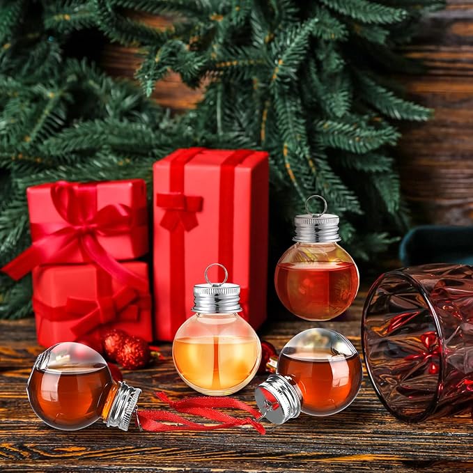 Patelai 100 Pcs Christmas Drink Balls Shot Glass Ornament Plastic Fillable Christmas Tree Ornaments Xmas Water Bottle Bulbs for Holiday Party Indoor Outdoor (Clear with Silver Lid)