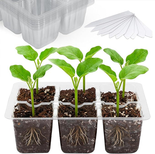 Bonviee 10 Packs Seed Starter Tray with Drainage Holes, Reusable & Durable, Clear for Root Monitoring, Easy to Repotted Without Root Damage, 6 Cells per Tray