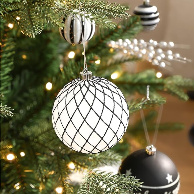 SHareconn 100MM/4 Inch 9PCS Large Christmas Balls Ornaments, Shatterproof Plastic Hanging Big Baubles Set for Xmas Tree Decoration Holiday Party Wedding Decorations with Hook,Black and White