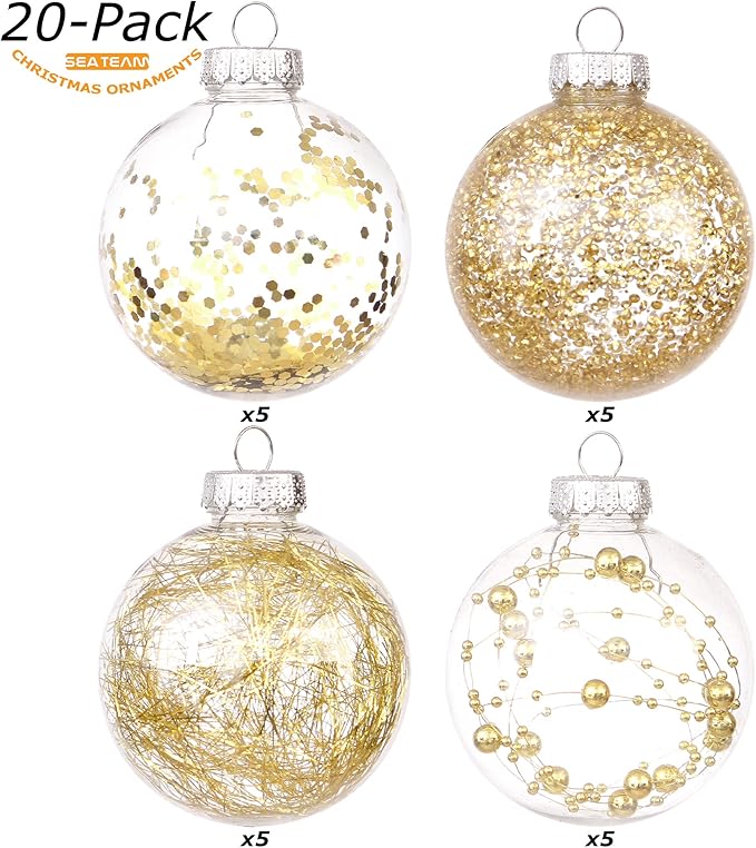 Sea Team Shatterproof Clear Plastic Christmas Ball Ornaments Decorative Xmas Balls Baubles Set with Stuffed Delicate Decorations (80mm/3.15 inch 20-Pack, Gold)