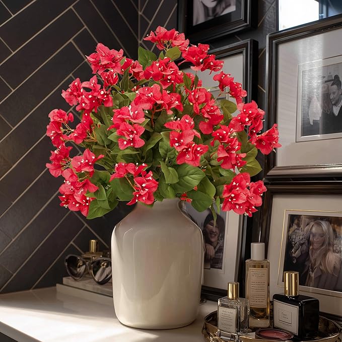 4 Pcs Artificial Flowers Bougainvillea Outdoor Artificial Plants Faux Flowers with Stems Silk Flowers for Wedding Porch Living Garden Decor(4PCS,Red)