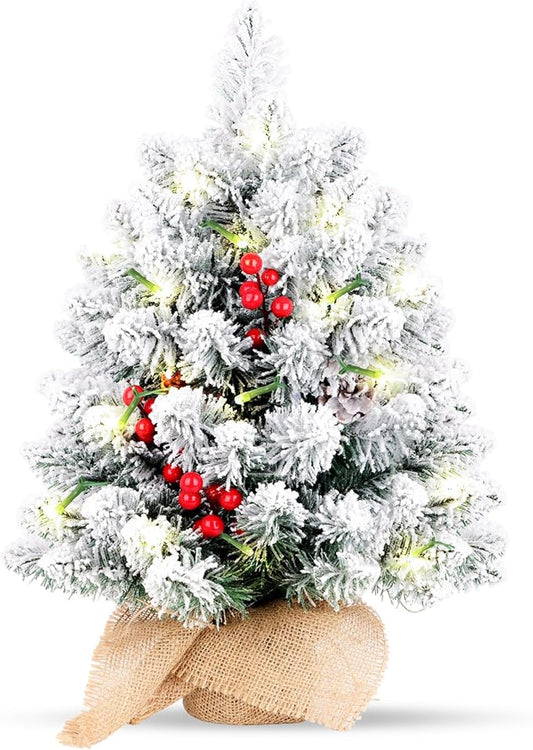 20 Inch Flocked Mini Christmas Tree with Lights, Berries and Cloth Bag Base, Pre-lit Artificial Tree for Tabletop Home Kitchen Livingroom Decoration, White+Green