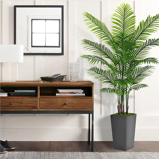 Artificial Palm Tree 6FT - Fake Tree with Gray Tall Planter - Faux Tropical Areca Floor Plant in Pot - Artificial Silk Plant for Home Office Living Room Decor Indoor
