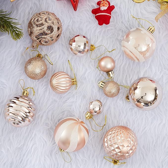 100Pcs Christmas Ball Ornaments Set, Assorted Shatterproof Christmas Tree Balls, Decorative Hanging Baubles Set for Holiday Weeding Party Home Decorations, Rose Gold