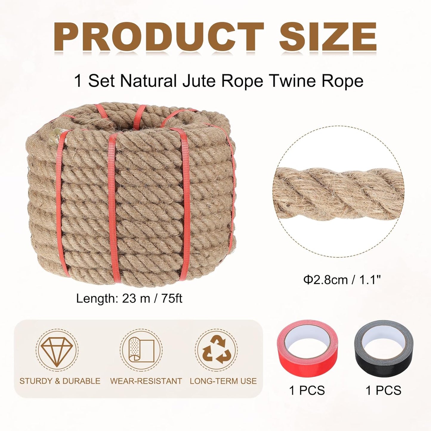MECCANIXITY Jute Rope 1.1 Inch x 75ft, Thick Twine Rope Ropes Braided Jute Twine Natural Brown Burlap Cord String Heavy Twisted with Tapes for Decorative Crafts Railing Swing Tug of War