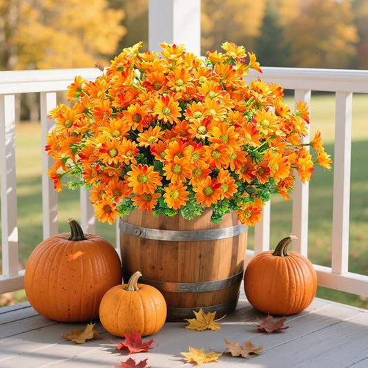 10pcs Outdoors Artificial Mum Flowers UV Resistant Daisy Fake Silk Chrysanthemum Greenery Faux Eucalyptus Plants for Spring Summer Garden Patio Window Box Planter Home Decor(Orange)