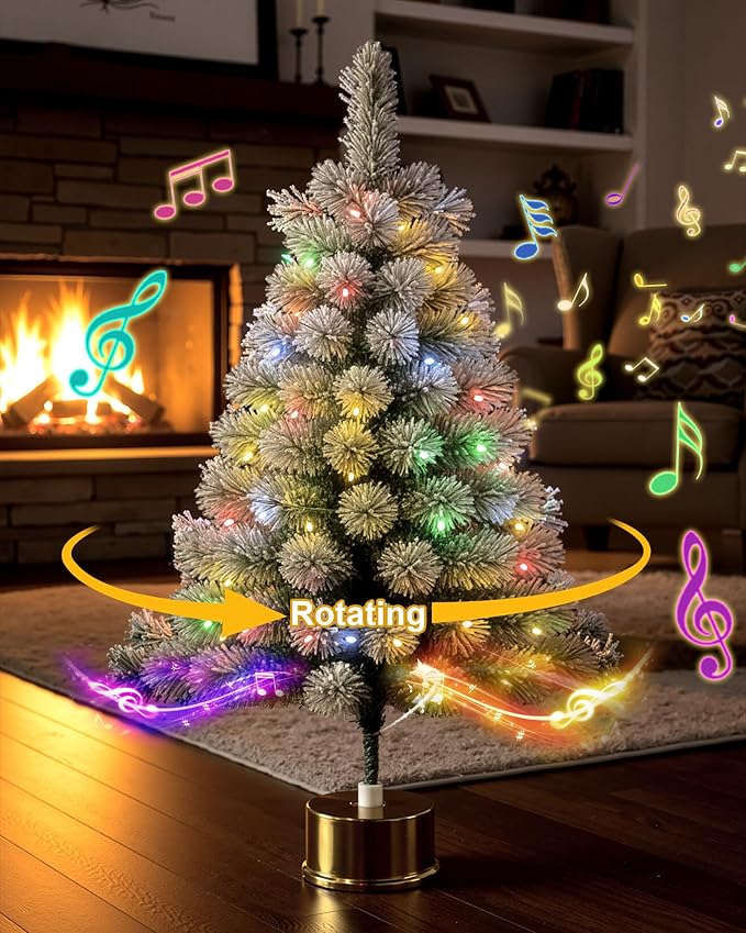 2ft Rotating Snow Flocked Tabletop Christmas Tree with Light and Music, 360° Spinning Mini Pre-lit Xmas Tree with Base Christmas Decor for Small Space Home Office Desk Holiday Gift