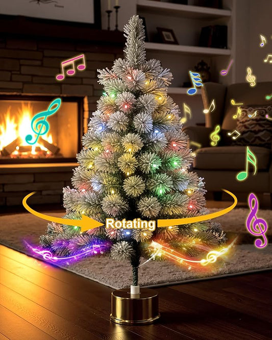 2ft Rotating Snow Flocked Tabletop Christmas Tree with Light and Music, 360° Spinning Mini Pre-lit Xmas Tree with Base Christmas Decor for Small Space Home Office Desk Holiday Gift