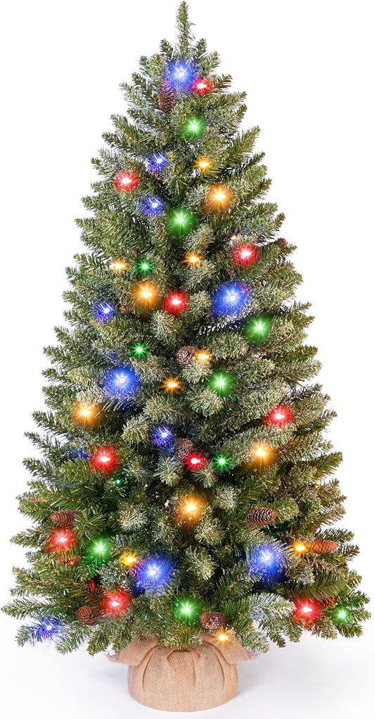 Christmas Tree, 4FT Tabletop Christmas Tree with 100 Colorful Lights & Pine Cones, Small Tree with Cloth Bag Base Prelit Christmas Artificial Decorative for Outdoor Indoor