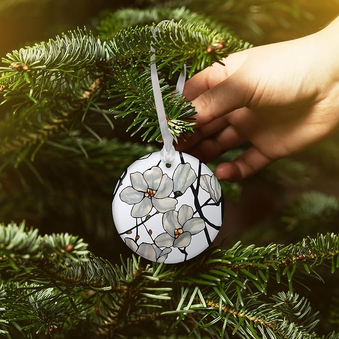 Christmas Tree Ornament, Porcelain Tiffany Magnolia fine Art Keepsake Ornament by RainCaper