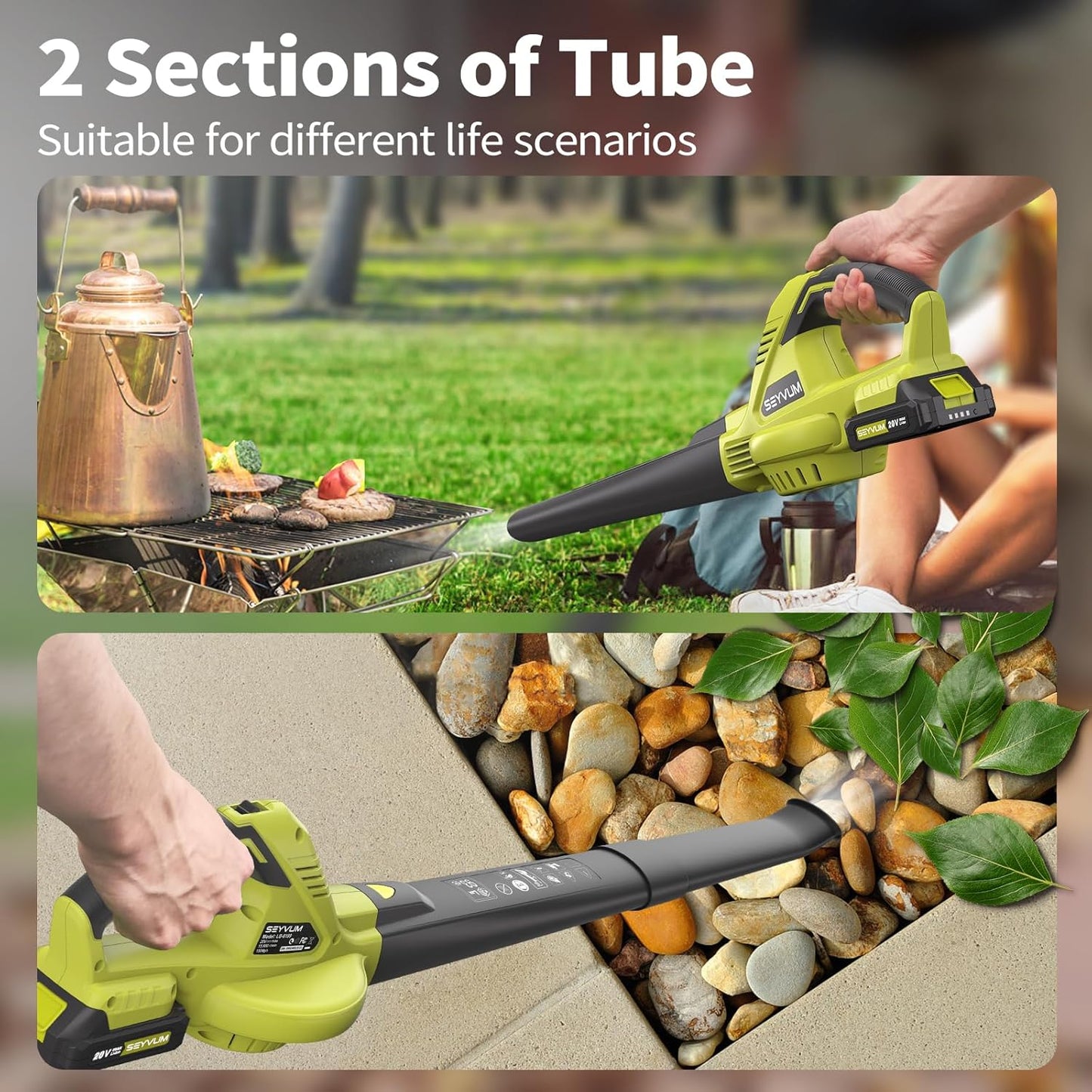 SEYVUM Leaf Blower, 20V Cordless Blower with 2 x 2.0Ah Battery, Electric Leaf Blowers for Lawn Care, 320 CFM 150 MPH Battery Powered Leaf Blower, for Patio, Garden Cleaning, Fast Charger, Lemon Green