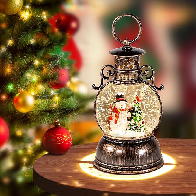 Christmas Snow Globes, Glittering Christmas Music Box Snowman Christmas Trees with 8 Songs & 6H Timer, USB Powered & Battery Operated Christmas Lanterns for Indoor Holiday Table Party Gifts