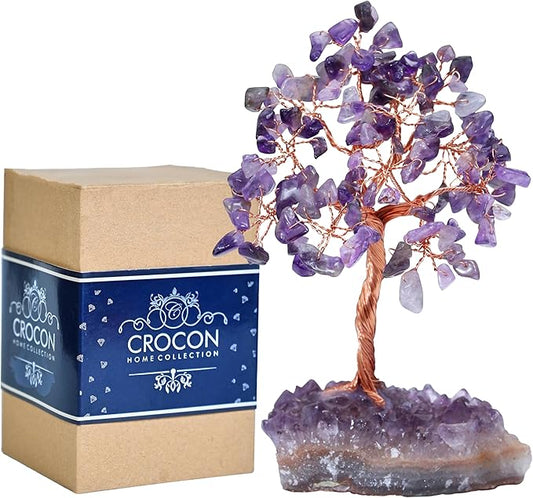 Crocon Amethyst Crystal Tree with Cluster Base Tree of Life Decor for Shelf, Bedroom, Birthday Gifts for Women, Sister Gift, Birthday Gifts for Mom, Cute Home Office Decor Purple Housewarming Present