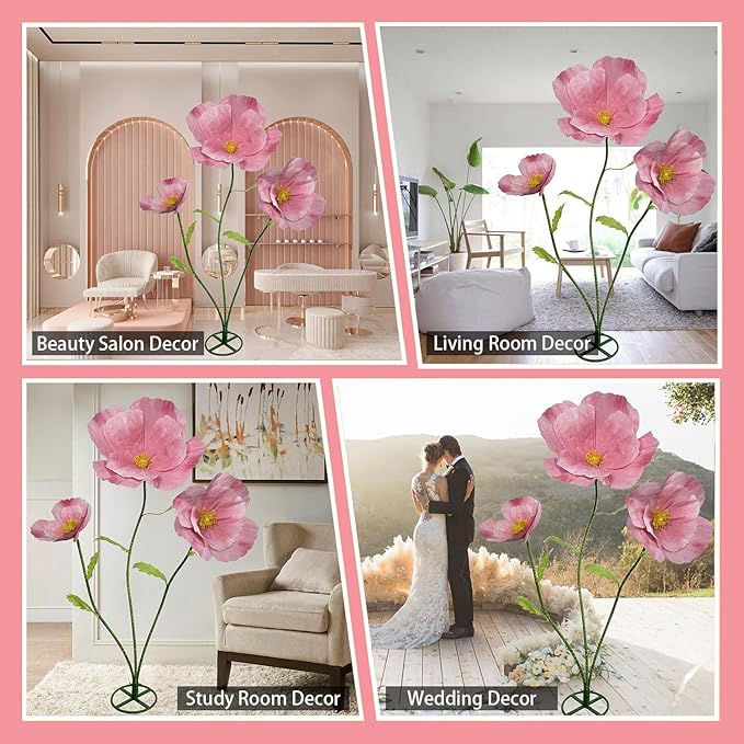3Pcs Giant Flowers for Decoration, Large Artificial Flower Indoor Outdoor Decor Waterproof Paper Flowers for Wedding Reception Birthday Graduation Party Backdrop Decor Shop Window Display (Pink)