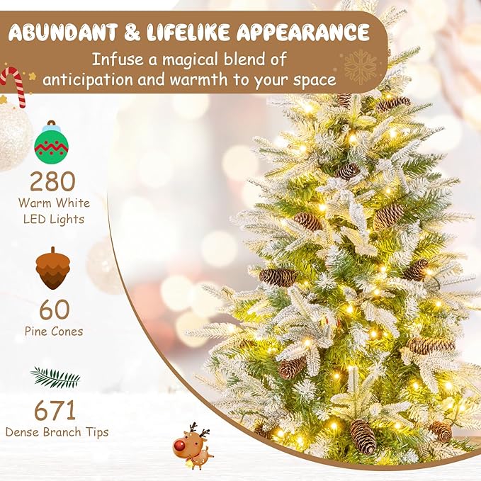 GOFLAME 6 FT Pre-Lit Pencil Christmas Tree Snow Flocked, Slim Artificial Xmas Tree with 671 Branch Tips, 280 LED Lights, 60 Natural Pine Cones, Hinged Holiday Decoration Tree for Home Office