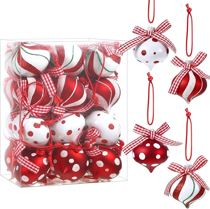 Syhood 24 Pcs Christmas Tree Ornaments, Christmas Ball Decorations Set, Shatterproof Baubles Xmas Tree Hanging Decor, Peppermint Candy Ball Red White Green Stripes Party Holiday(Classic,2.36 Inches)