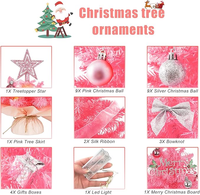 20" Mini Pink Christmas Tree, Artificial Small Christmas Tree with Lights, Tabletop Christmas Tree with Star Treetop,Bow Boxes and Ball Ornaments for DIY Christmas Decoration (Pink)