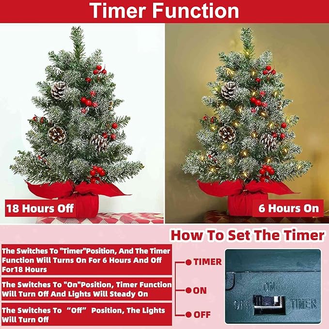 22 Inch Tabletop Christmas Tree with Lights Timer, Snowy Artificial Small Christmas Trees Battery Operated 30 Warm Lights Red Berries Pine Cone Stable Base Mini Tree Xmas Decorations Indoor Holiday