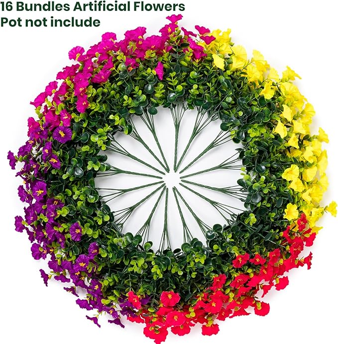 Artificial Faux Flowers for Outdoor 16 Bundles Boxwood Fake Morning Glory for Planter,UV Resistant Fake Flowers for Home Porch Patio Outside（4 Color）