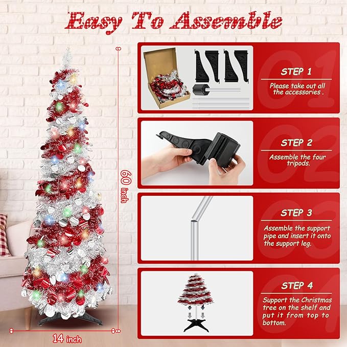 5 FT Pencil Christmas Tree, Collapsible Artificial Sequin Pop Up Christmas Tree, Skinny Pencil Tinsel Christmas Trees, Xmas Tree for Home Apartment Basement Fireplace (Red Silver)