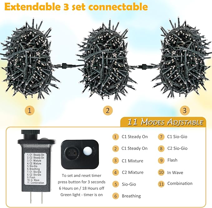 AWQ 1000 LED 82 FT Christmas Cluster Lights, Multi & Warm String Lights Plug in with 11 Modes, Timer & Memory Function Extendable for Indoor Outdoor Wedding Party Christmas Decoration (1000)
