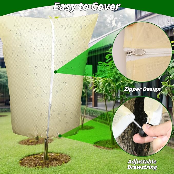 Plant Covers Freeze Protection: 4 Pack 90Hx75W Inch Large Heavy Duty Frost Cloth with Zipper Drawstring, 2.2oz/yd² Frost Blankets for Outdoor Plants, Shrub Trees, Winter & Garden, Beige