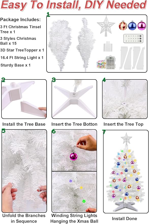 3 Ft Premium White Christmas Tree Dual Color Change 12 Modes Timer DIY 50 Warm White & Colored Lights 15 Ball Ornaments Star Battery Operated Small Artificial Full Xmas Tree Table Indoor Holiday Decor