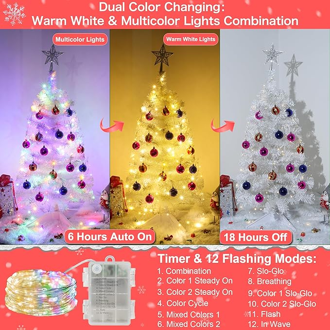3 Ft Premium White Christmas Tree Dual Color Change 12 Modes Timer DIY 50 Warm White & Colored Lights 15 Ball Ornaments Star Battery Operated Small Artificial Full Xmas Tree Table Indoor Holiday Decor
