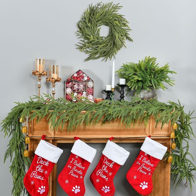2 PCS 9 FT Artificial Norfolk Pine Garland, Real Touch Christmas Garland, Faux Winter Pine Garland for Fireplace Mantle Table Wall Stair Indoor Outdoor Xmas Holiday Christmas Decorations