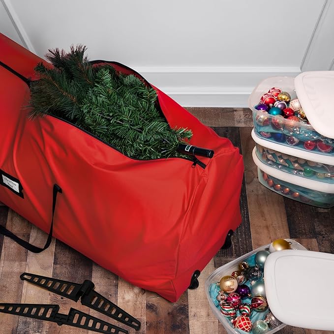 Holiday Cheer Christmas Tree Storage Bag with Wheels – Heavy Duty Christmas Tree Bag Fits Up to 7.5ft Tall Artificial Christmas Tree, Waterproof, Durable Handles & Zipper – Xmas Tree Storage Bag (Red)
