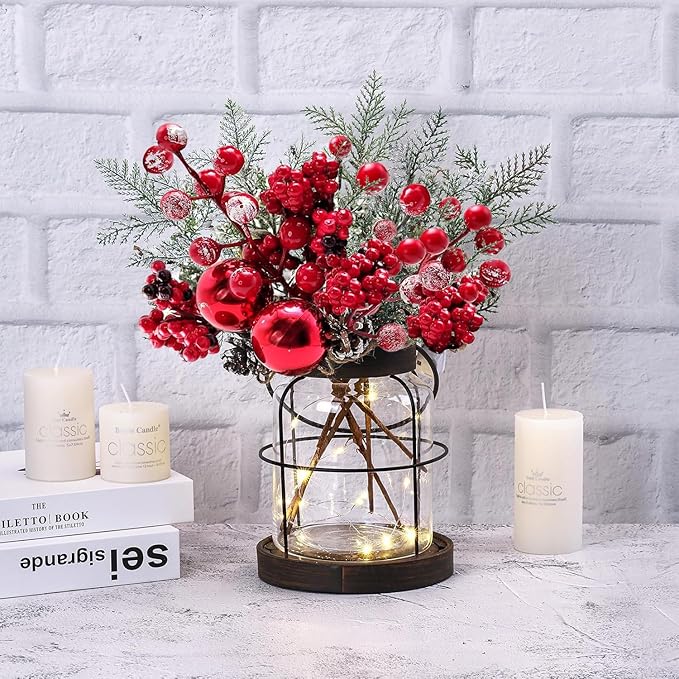 Rustic Vintage Glass Farmhouse Vase with LED Lights, Christmas Home Decor for Winter with Red Berry & Pine Cones, Farmhouse Vase for Decor, Home Decor Floral Arrangement Gift