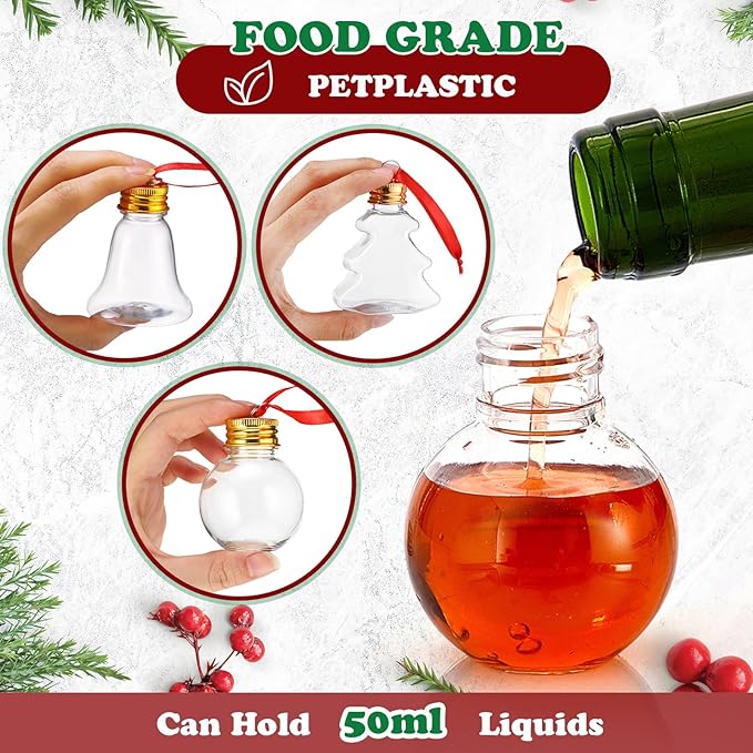 Patelai 18 Pcs Christmas Drink Balls Clear Shot Glass Ornaments Xmas Tree Fillable Ornaments Plastic Xmas Water Bottle Bulbs for Holiday Party Decorations(Round, Bell, Christmas Tree,50 ml)