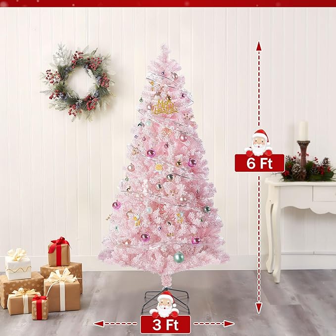 6FT Pink Artificial Christmas Tree with 1000 Realistic Branch, Flocked Full Xmas Tree with Foldable Stand, Easy Assembly Hinged Pine Tree for Home, Shop, Office, Party Holiday Decoration
