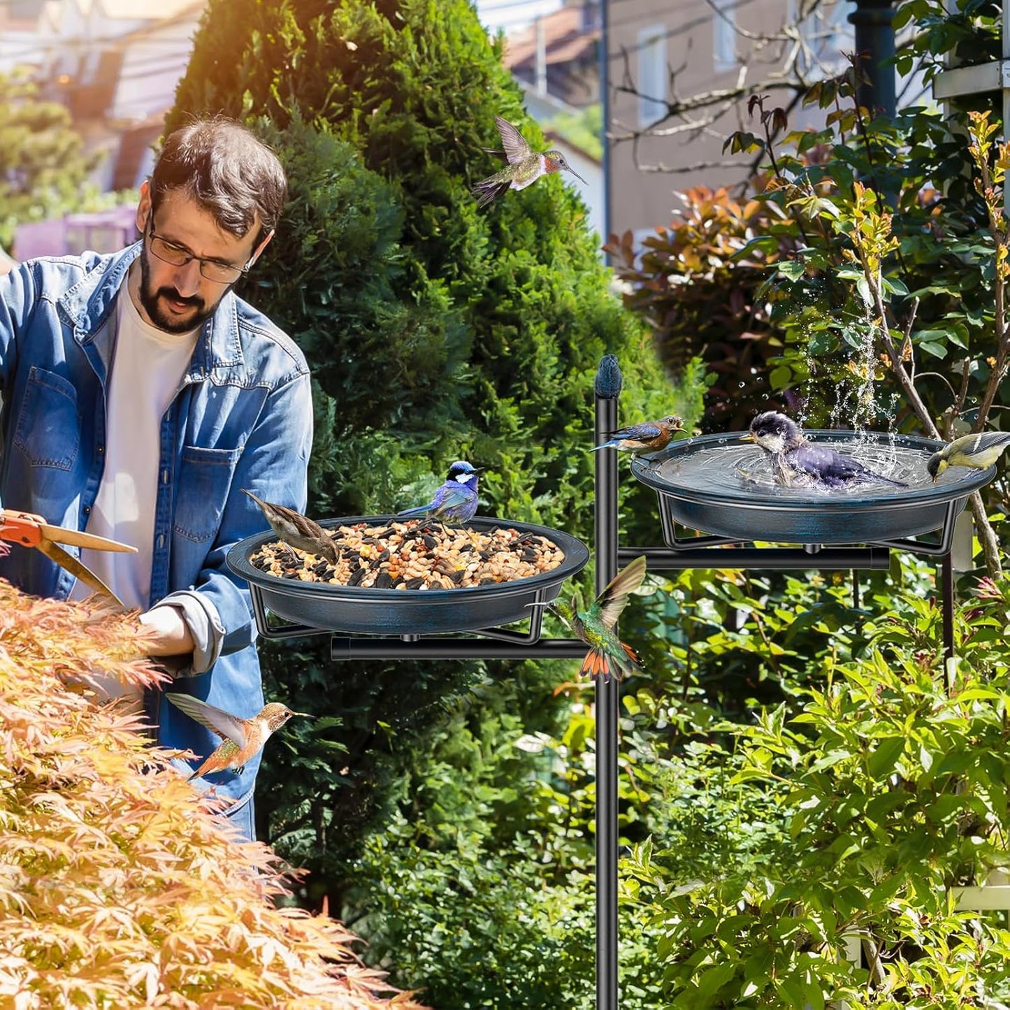2-in-1 Metal Bird Bath for Outside, Vintage Freestanding Birdbaths Feeder Bowl, Stable & Easy to Clean Birdfeeder for Outdoors Garden Yard Lawn Decor (Vintage Blue)