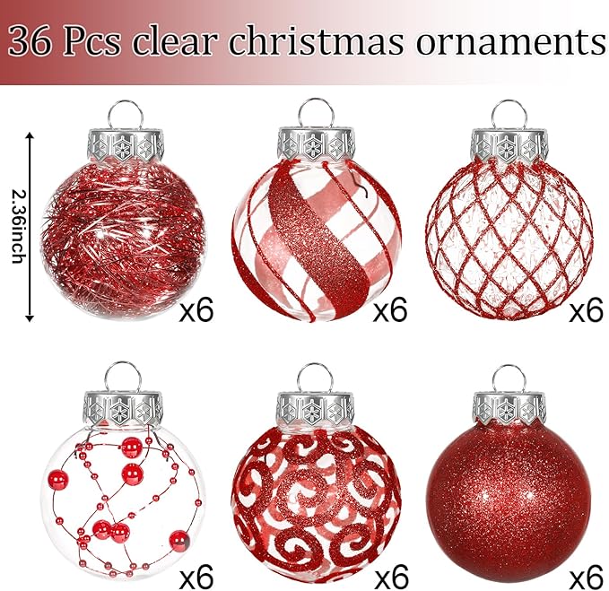 Ouddy Decor 36 Pcs Clear Christmas Ball Ornaments, 2.36" Shatterproof Red Plastic Christmas Ornaments Set Decorative Hanging Transparent Baubles for Xmas Tree Holiday Party Decor, Red