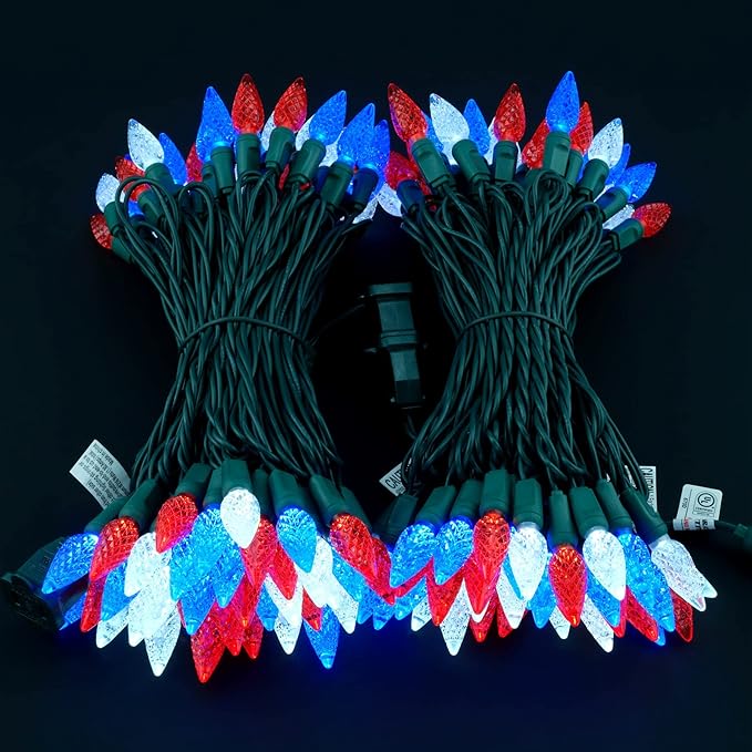 YULETIME Red White Blue One-Piece C6 Strawberry Christmas Lights 140 Count 71 Feet, 2 Sets 70 LED 35.5 ft High Waterproof UL Certified String Light (Red, White & Blue)