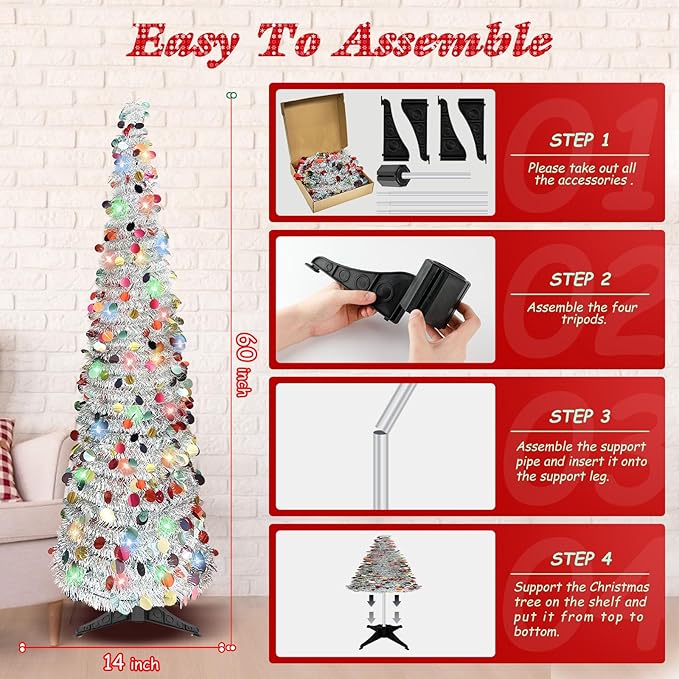 5 FT Pencil Christmas Tree, Collapsible Artificial Sequin Pop Up Christmas Tree, Skinny Pencil Tinsel Christmas Trees, Xmas Tree for Home Apartment Basement Fireplace (Silver Coloured)