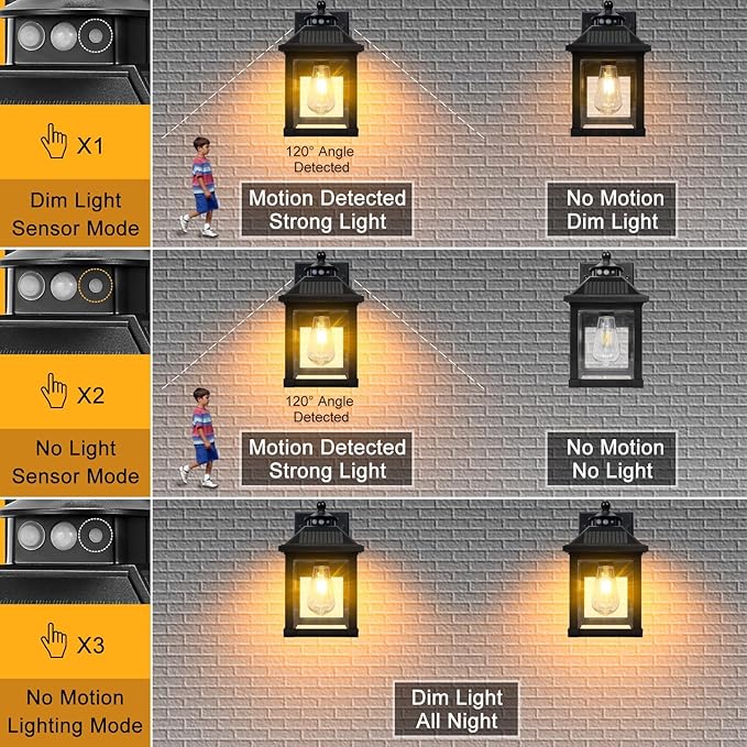 Solar Wall Lights Outdoor: Solar Porch Sconce Light Dusk to Dawn Waterproof Lantern Fixture with 3 Lighting Modes & Motion Sensor - for Front Door Garage Porch Yard Fence