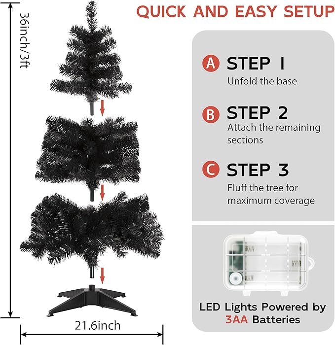 Black 3ft Christmas Tree with Lights, Small 36inch Artificial Tree Mini Table Top Decorations, Xmas Desk Tree with 80 Colored Lights, 200 Branch, Holiday Decor for Home,Indoor Office Tabletop