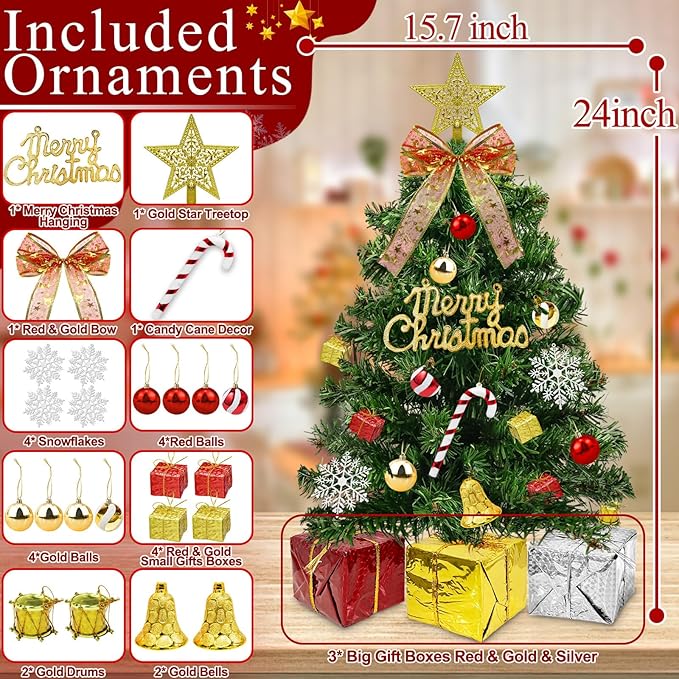 Dual Color Change&Remote Control 24 Inch/2FT Tabletop Christmas Tree with Lights Timer, 20 Warm White&Colored Lights 8 Modes 27 Orantments Star Boxes Mini Small Christmas Tree Xmas Home Party Decor