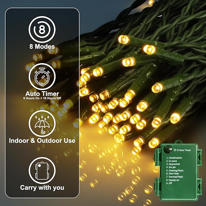Battery Operated Christmas Lights 33 FT 100 LED Mini String Lights with Timer and 8 Modes for Gardens Courtyards Trees Warm White 2 Pack