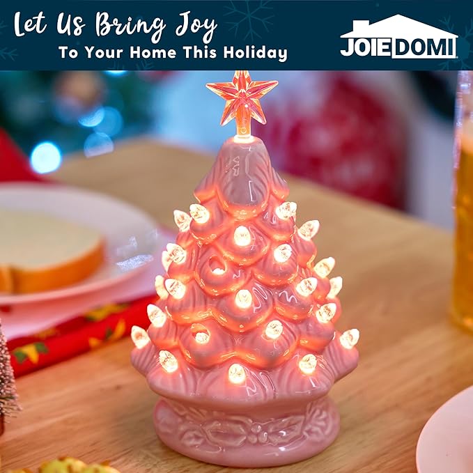 Joiedomi 7" Pink Ceramic Christmas Tree, Mini Prelit Tabletop Christmas Ceramic Tree with Extra Clear Top Star & Bulbs for Holiday Decoration Small Xmas Holiday Best Desk Tabletop Decoration (Pink)