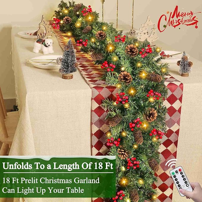 Remote Control 18 FT Extra Long Prelit Christmas Garland with 480Thick Branch Tips Pinecones & Red Berries, 100 Warm White & Multicolor LED Lights 8 Modes Timer for Stairs Mantel Doorway Decor