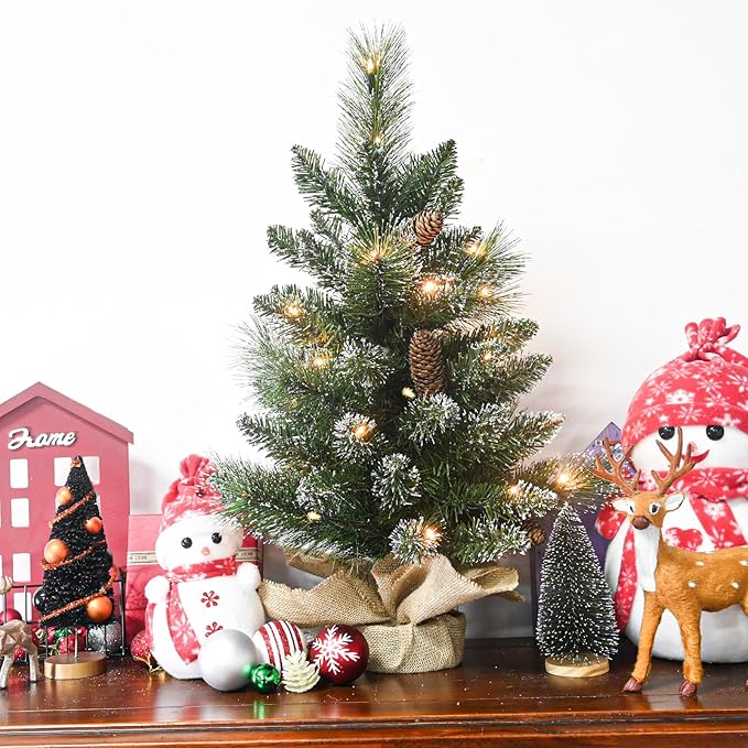 30 Led Warm Lights Pre-Lit Artificial Mini Christmas Tree, 2ft Snow Tipped Pine Artificial Christmas Tree,Seasonal Indoor Home Decor with Decorative Burlap Base