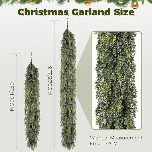 6 ft Christmas Garland, Cedar Garland, Real Touch Cypress Garlands, Green Artificial Greenery Garland for Mantel Indoor Outdoor Christmas Decorations