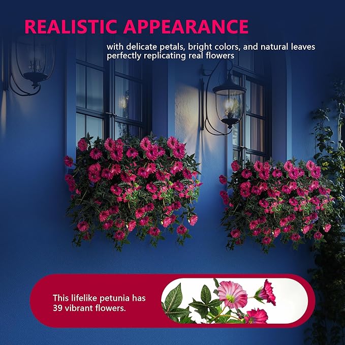Artificial Flowers Artificial Petunias for Outdoors 2PCS Artificial Hanging Plants Outdoors Silk Flowers with Stems Outdoor Flowers Uv Resistant for Porch Terrace Decor，Rose Red，Without Pot