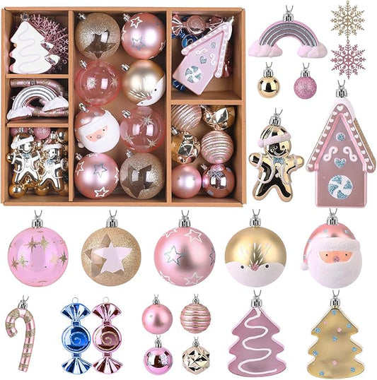Alupssuc 65pcs Christmas Balls Ornaments Set, Shatterproof Plastic Baubles Gold Gingerbread House, and Tree Topper for Xmas Tree Holiday Wedding Party Decorations with Hanging Strings, Macaron Pink