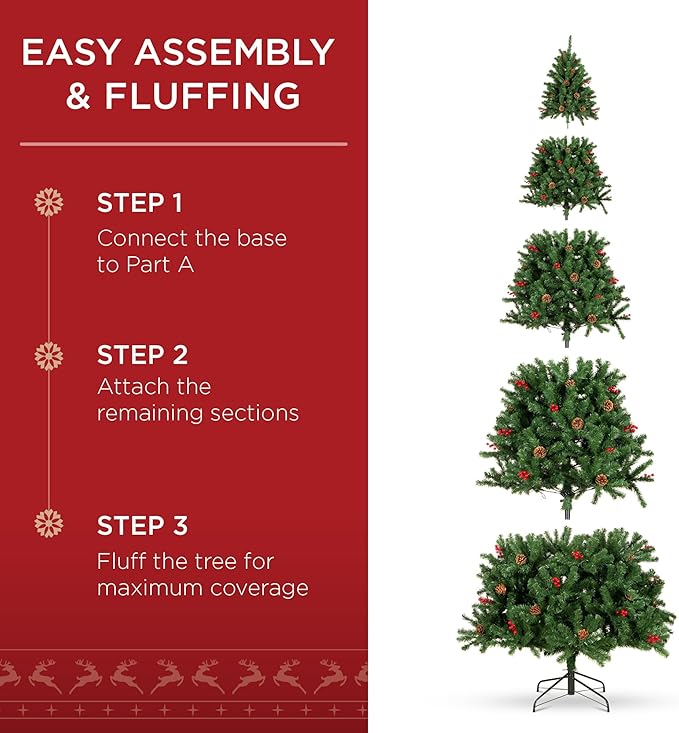 Best Choice Products 12ft Pre-Lit Pre-Decorated Spruce Hinged Artificial Christmas Tree w/ 4,188 Tips, Pinecones, Berries, 1,300 Lights, Metal Base